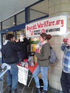 tea and leaflets outside cardiff job centre